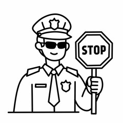 A black and white line art illustration of a traffic police officer holding a stop sign. This simple yet effective image is perfect for themes of traffic control, law enforcement, and rules