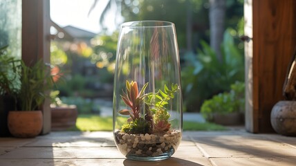 Vertical glass cylinder with tropical plants and pebbles in warm sunlight, hyperrealistic garden still life with vibrant colors and natural textures