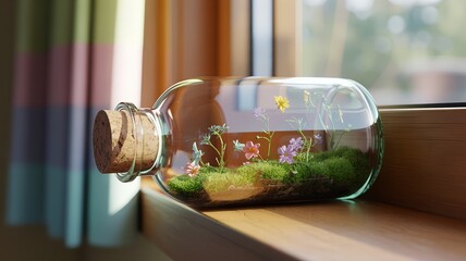 Glass bottle with cork lid containing moss and flowers on wooden windowsill, hyperrealistic close-up with soft morning light and pastel background