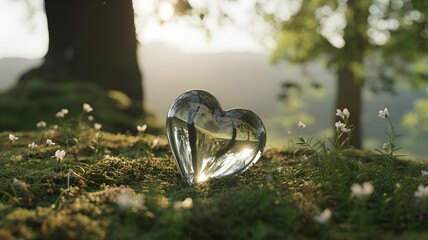 Heart-shaped glass ornament on moss with white flowers in morning sunlight, hyperrealistic romantic still life with golden highlights and soft blurred background