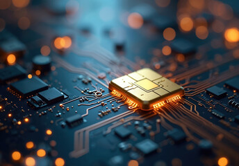 Golden microchip on dark circuit board symbolizes modern payment systems and digital security. The technology features intricate circuitry, representing transaction processes and financial innovation.