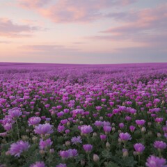 Fototapeta premium Purple Flower Field at Sunset, Blooming Flowers, Serene Nature Scene, Soft Pastel Colors, Spring Summer Blossoms