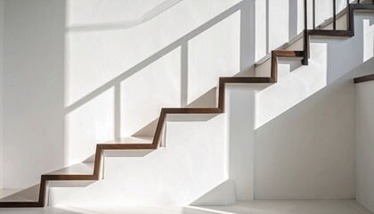 Wooden Staircase with Soft Light and Shadows on White Wall