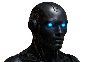Close-up of futuristic android head with glowing blue eyes, showcasing advanced ai technology on a transparent background
