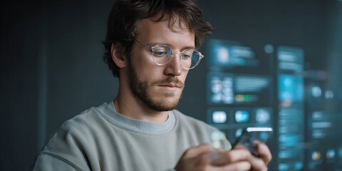 Young man wearing glasses using smartphone with digital interface and data visualization background, focused expression modern
