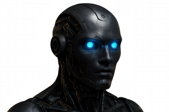 Close-up of futuristic android head with glowing blue eyes, showcasing advanced ai technology on a transparent background