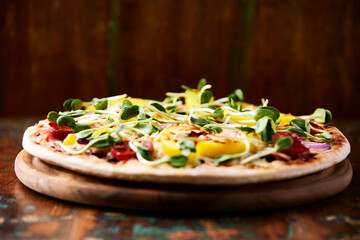 Pizza with chorizo ​​sausage, mozzarella cheese and yellow pepper. Rustic wooden background. Soft focus.	