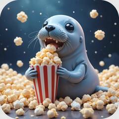 harp seal Eating Popcorn 3D Icon

