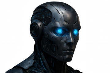 Robotic android displaying advanced ai, gleaming blue optical sensors against translucent backdrop, highlighting technological innovation