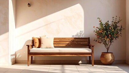 Wooden Bench with Cushions and Potted Plant in Sunlit Room