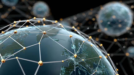 Global network connection concept with glowing nodes and lines over Earth surface showing Europe at night