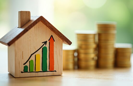 Wooden house model with graph showing financial growth. Stacks of gold coins in background suggest savings, investment, economic success. Real estate value increase, home renovation benefits, energy