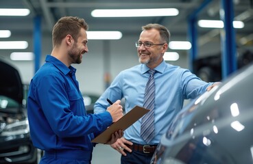 Mechanic in blue uniform explains car service status to customer holding clipboard. Two men in garage at auto repair shop discuss vehicle checklist after inspection. Positive interaction between