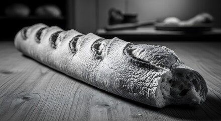 Monochrome Baguette Resting on a Rustic Wooden Surface in Soft Light