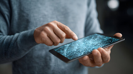 Person using digital tablet with futuristic network interface and glowing data points, showing advanced technology