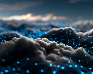 Dark cloud with glowing blue network lines and dots creating futuristic digital landscape under moody sky