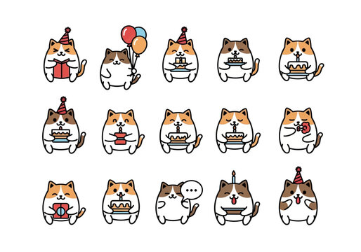 Animated cartoon cats in party hats hold presents, cake, and balloons. Suitable for greeting cards, invitations, and party decorations. Great for celebrations.