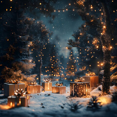 Sparkling Outdoor Christmas Setting with Gifts and Lights