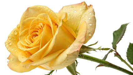 A delicate yellow rose with water droplets isolated on white background