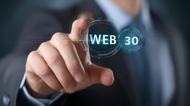 Web 30 futuristic technology concept with businessman hand pointing on digital interface with blue glowing circles