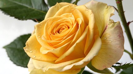 Close up of a delicate yellow rose bloom isolated on white background