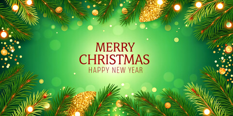 Red theme 4K HD Christmas decoration border with fir branches and golden glitter on green