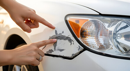 Damaged White Car Bumper with Visible Scratches and Peeling Paint Under Sunlight