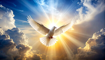 White dove flying toward sunlit sky, peaceful and radiant