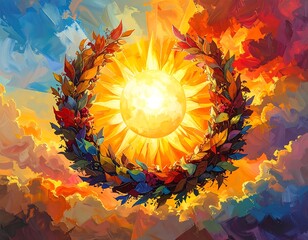 Sun encircled by autumn leaves