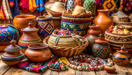 Handmade woven baskets and colorful pottery evoke warm market charm