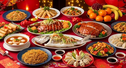 A lavish spread of Chinese New Year dishes including fish, duck, noodles, dumplings, spring rolls, and fruit, arranged on a red patterned tablecloth.