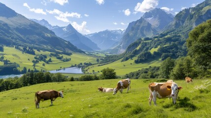 Fototapeta premium Cows grazing in green meadow in idyllic Swiss Alps landscape