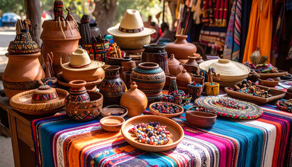 Colorful artisan pottery and handicraft display evoking joyful