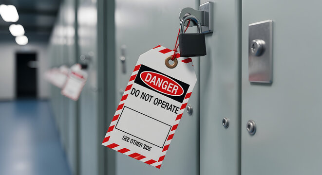 Close View of Industrial Lockout Tag Attached to Electrical Panel in Gray Color and Long Blue Floor Corridor