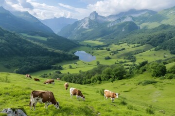 Naklejka premium Cows grazing on green meadow in Pyrenees Mountains with lake and forest