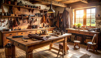 Rustic leather workshop bathed in warm sunlight, cozy and detailed