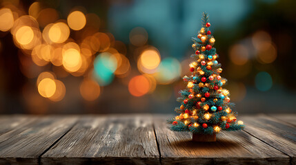 Miniature Christmas tree with lights and ornaments, cozy bokeh glow