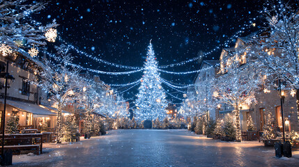 Sparkling christmas tree snowy village night, festive lights glow