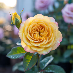 Yellow Rose in Full Bloom with Water Droplets