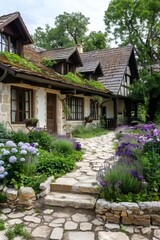 Fototapeta premium Stone path leading to charming house with moss growing on roof