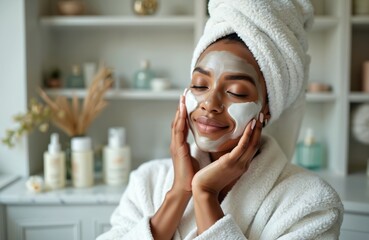Young African American woman enjoys luxurious skincare routine in elegant bathroom, applying facial mask, moisturizer. Wearing plush white bathrobe, towel-wrapped hair, embodies self-care,