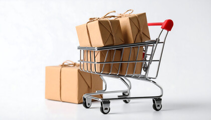 Small shopping cart with brown parcel packages and ribbon