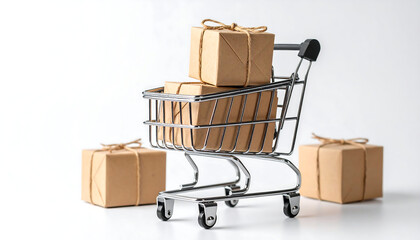 Miniature shopping cart with kraft gift box small parcel ecommerce