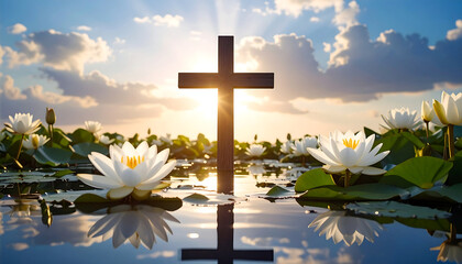 Wooden cross sunrise with water lily reflection peaceful scene