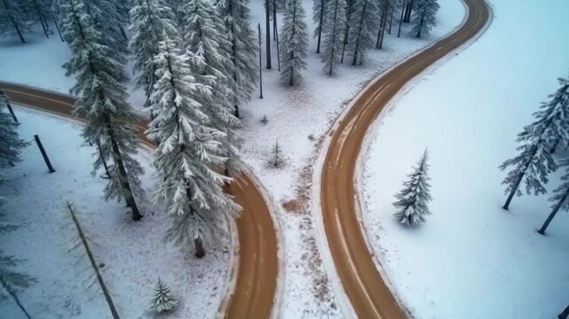 Top-down aerial of winding dirt road through snowy forest edge in Carpathian mountains, Off-road vehicle parked near turn in remote natural terrain with light snow patches