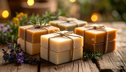 Handmade soap stacked with twine and lavender scent