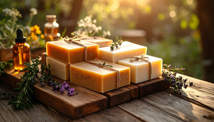 Natural handmade soap bars with herbs and warm sunlight