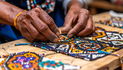 Beaded artisan hands sewing colorful beadwork with care
