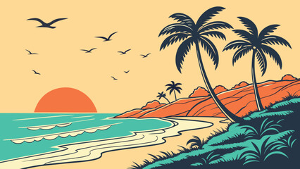 Fototapeta premium Vintage Illustration of a Serene Tropical Beach Sunset.