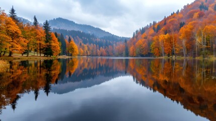Fototapeta premium Majestic autumn forest reflecting in the calm lake
